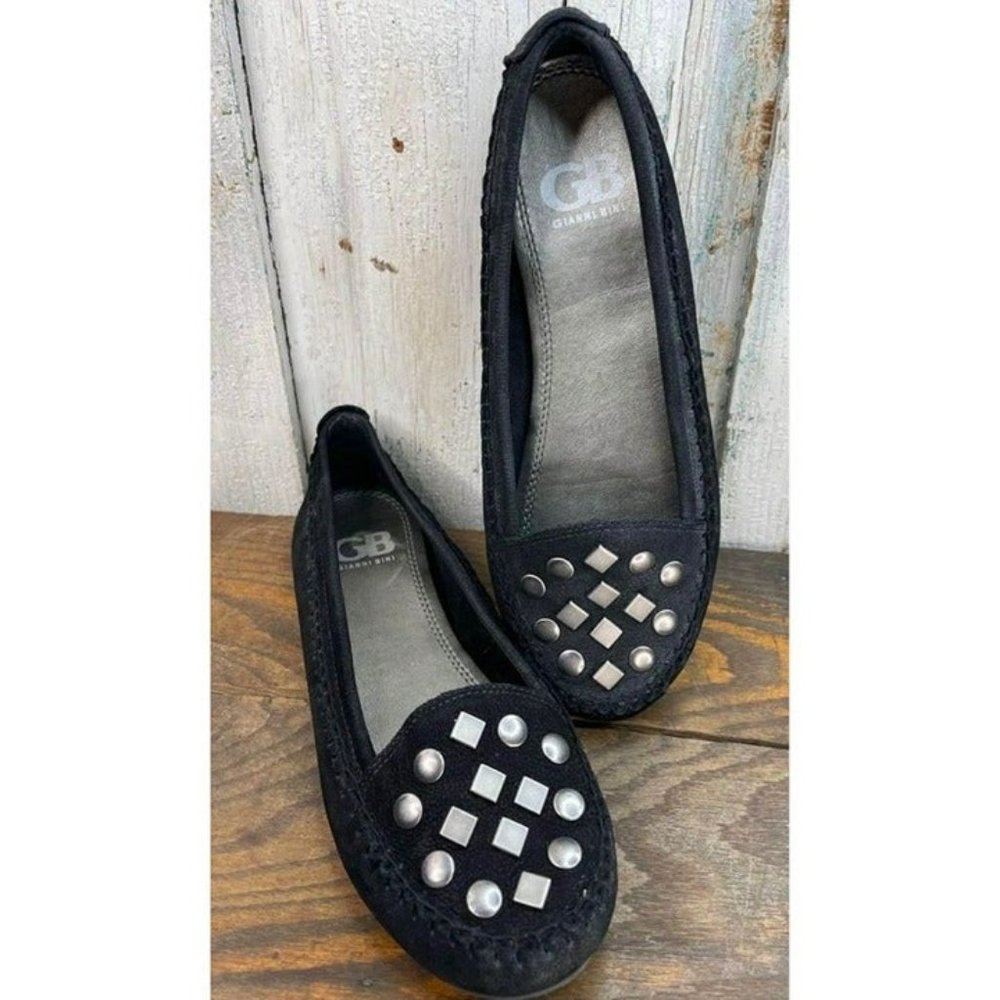 Gianni Bini Ballet Flats  Black Leather Studded Silver Accent Comfort Insole 6.5